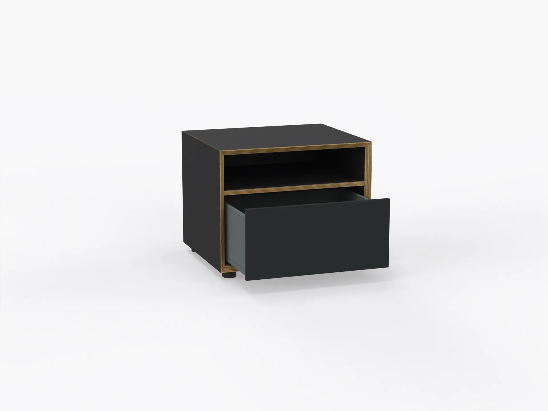 Vertiko Kommode in schwarz matt auf vier Kunststofffüßen mit einem offenem Fach und einer geöffneten Schublade von Müller Small Living.