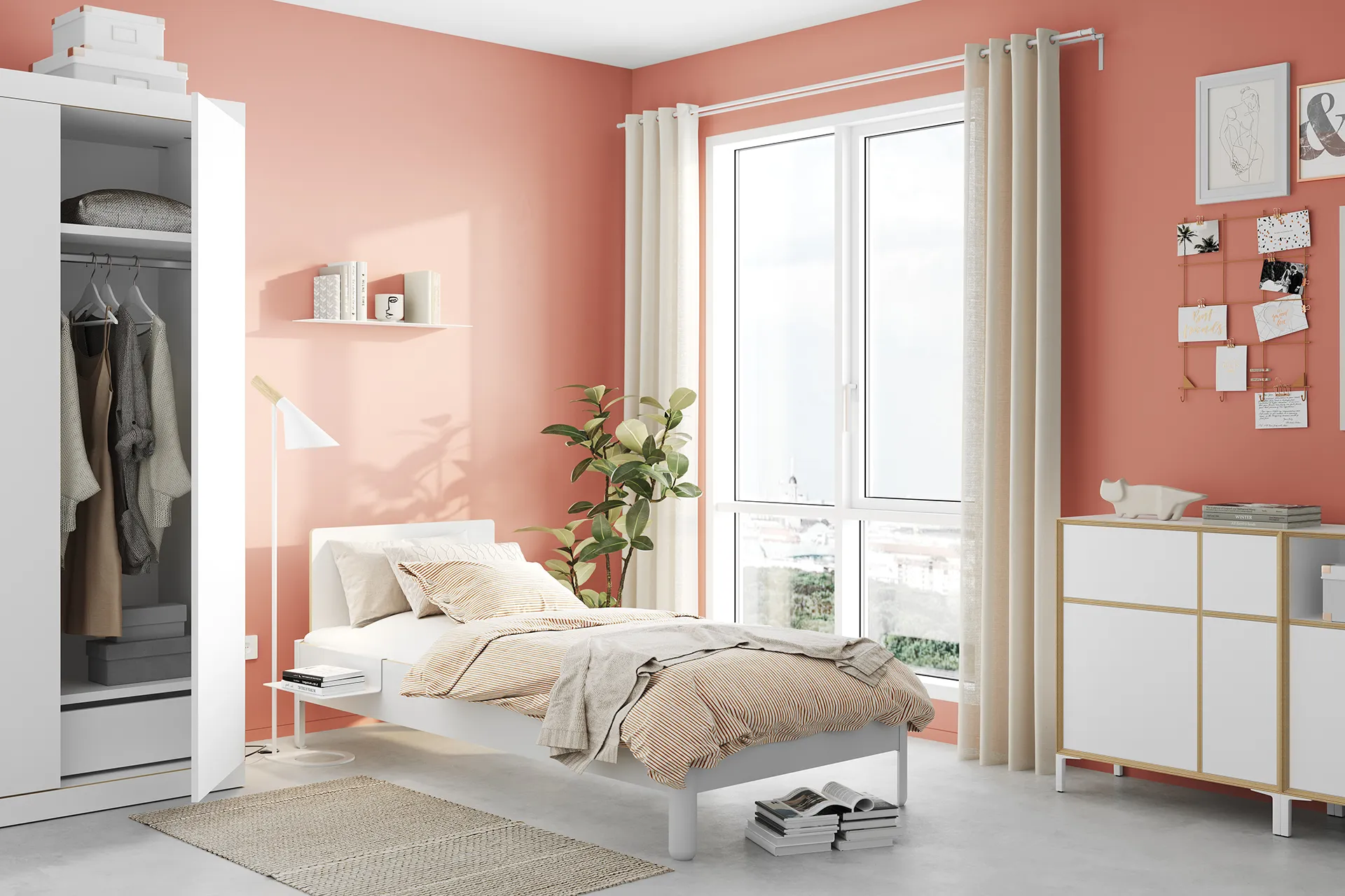 NAIT Bett 90x200 weiß mit Kopfteil in einem roséfarbenen Jugendzimmer für Mädchen mit einem FLAI Kleiderschrank in weiß und passendem Sideboard dazu