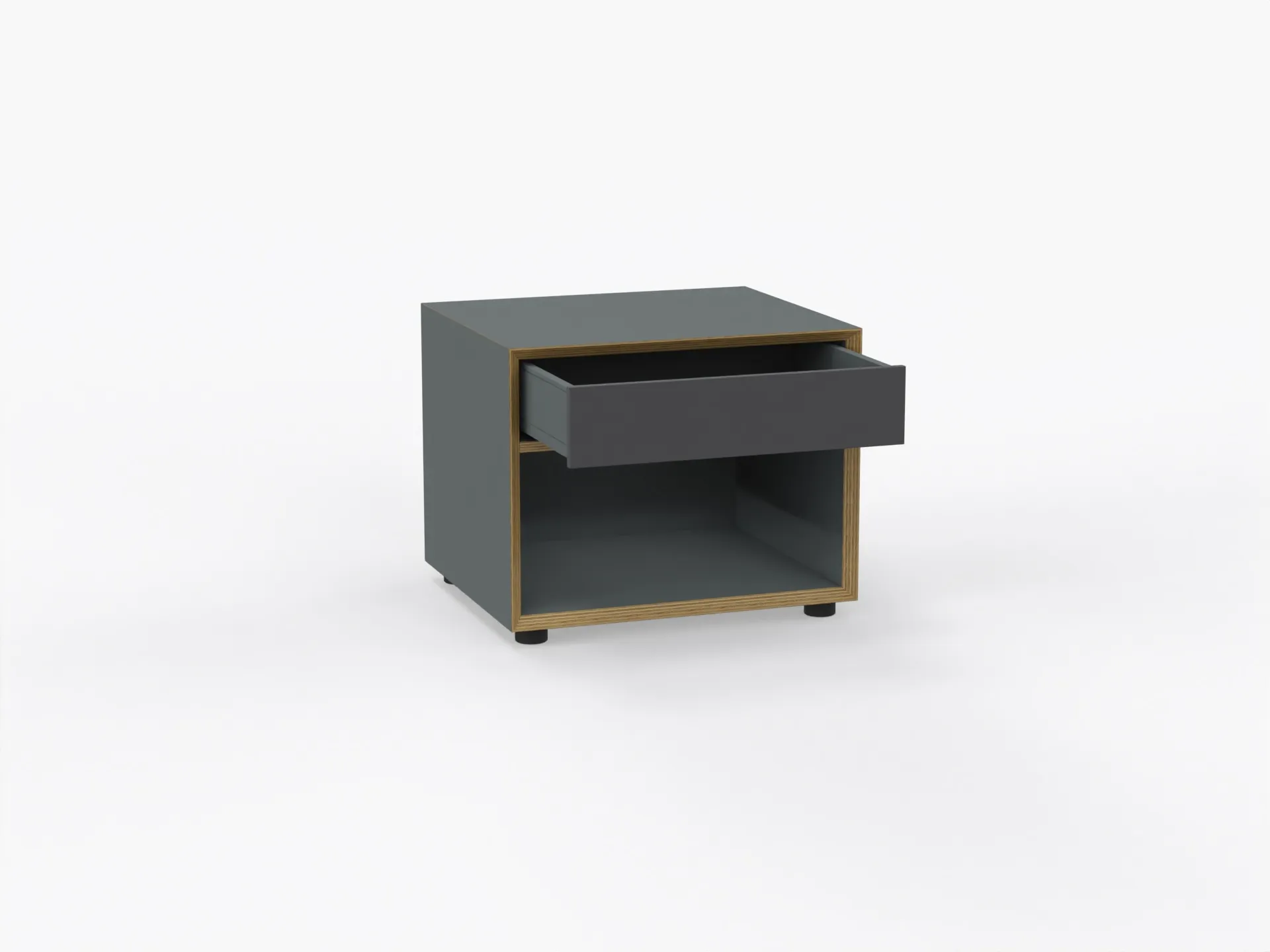 Multifunktionale kleine Kommode Vertiko in anthrazit von Müller Small Living. Kleine Kommode Vertiko in anthrazit mit geöffneter Schublade oben und einem offenem Fach unten von Müller Small Living.