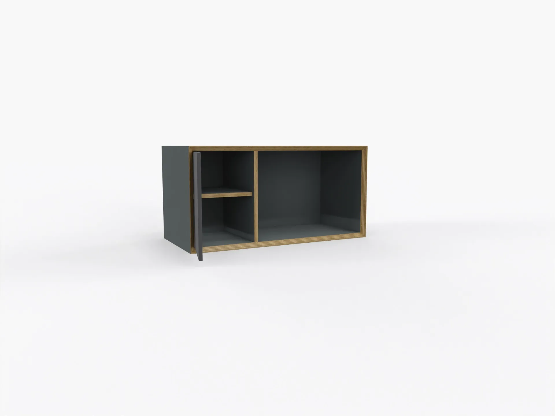 Vertiko Sixteen Element von Müller Small Living in anthrazit mit Birkenschichtholzkante - zeitloses Design Geöffnete Tür mit Einlegeboden und daneben ein offenes Fach beim Vertiko Sixteen in anthrazit von Müller Small Living.