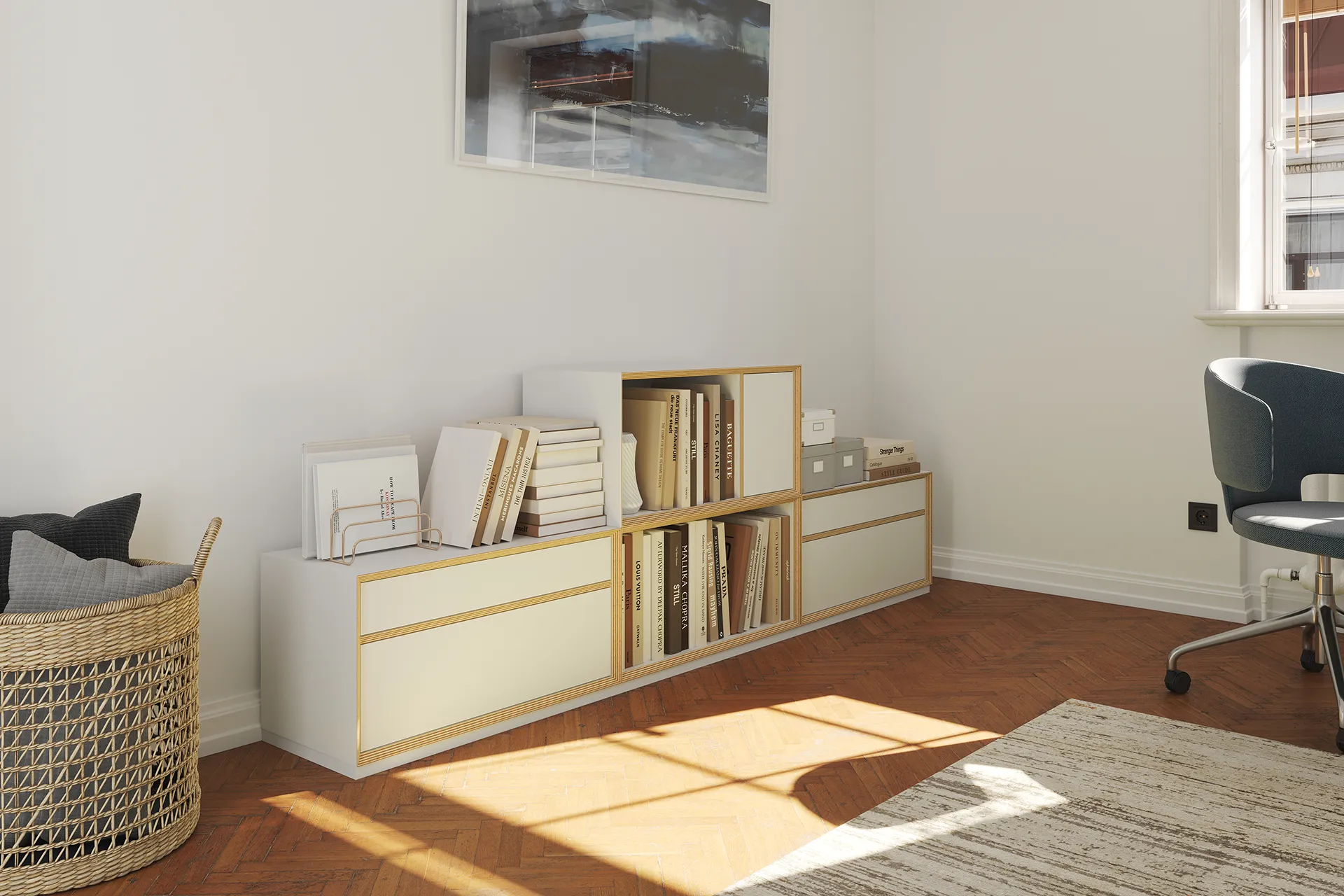 Das in vielen Modulvarianten und Farben erhältliche Sideboard Vertiko von Müller Small Living Möbelwerkstätten in einer Kombination aus zwei horizontalen Elementen und und einem quadratische Regalmodul als schickes Bücherregal