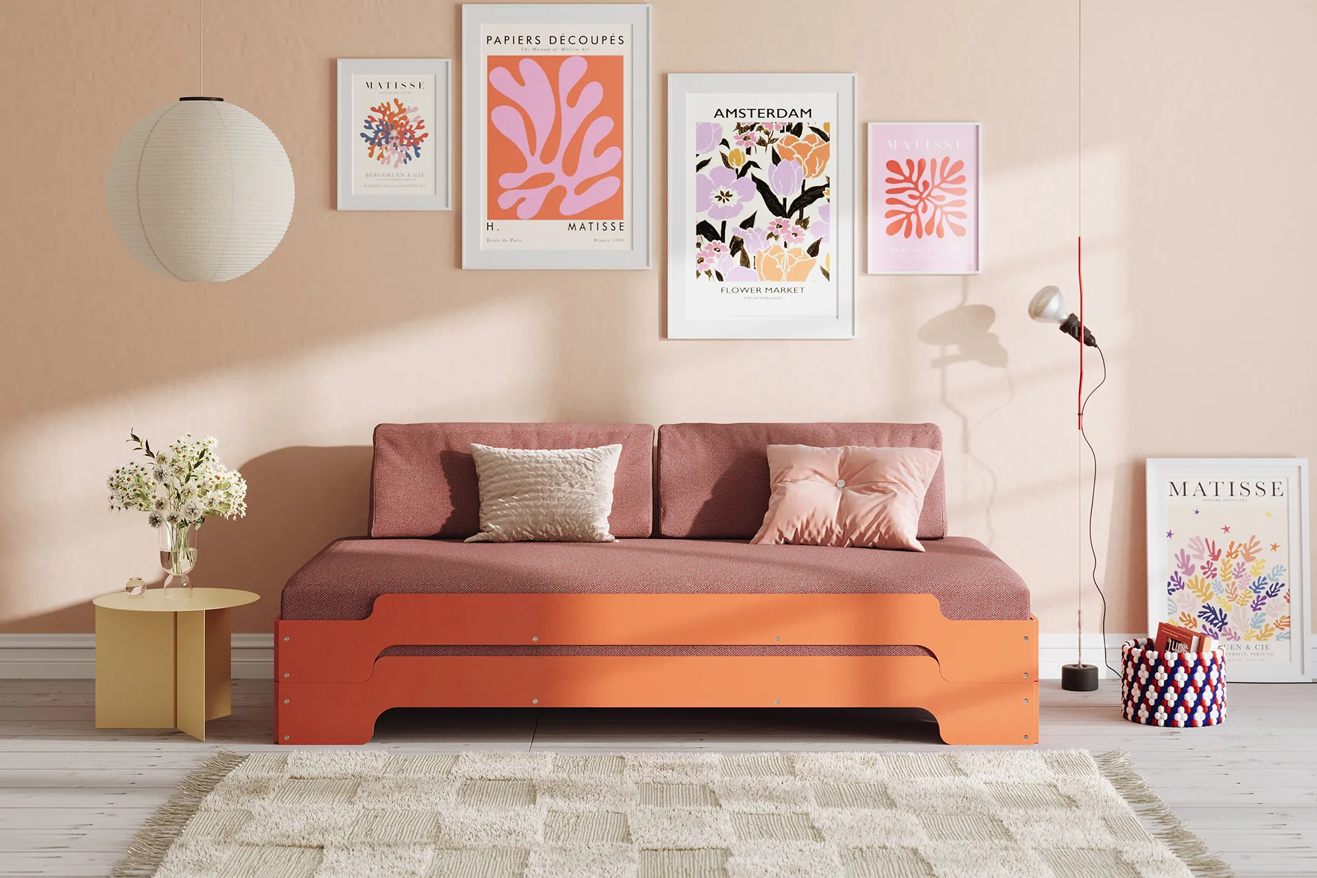Stapelbett im RALton apricotbraun tizianrot orange Jugendzimmer für Mädchen Stapelbett Stapelliege Gästbett Tizianrot orange mit Rückenkissen