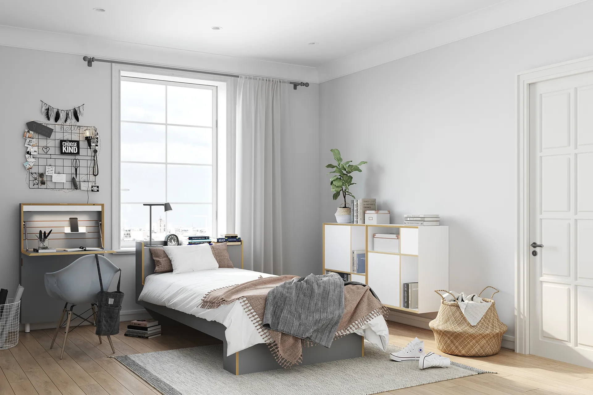 NOOK Einzelbett im Raum mit Sekretär