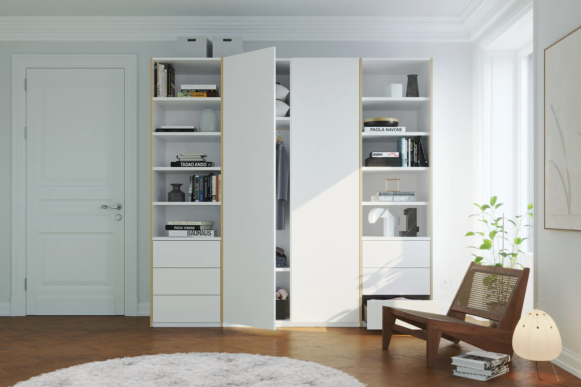 Kompakter weißer Kleiderschrank von Müller Small Living mit zwei Türen und dezentem Holzdekor - ideal für moderne Räume.